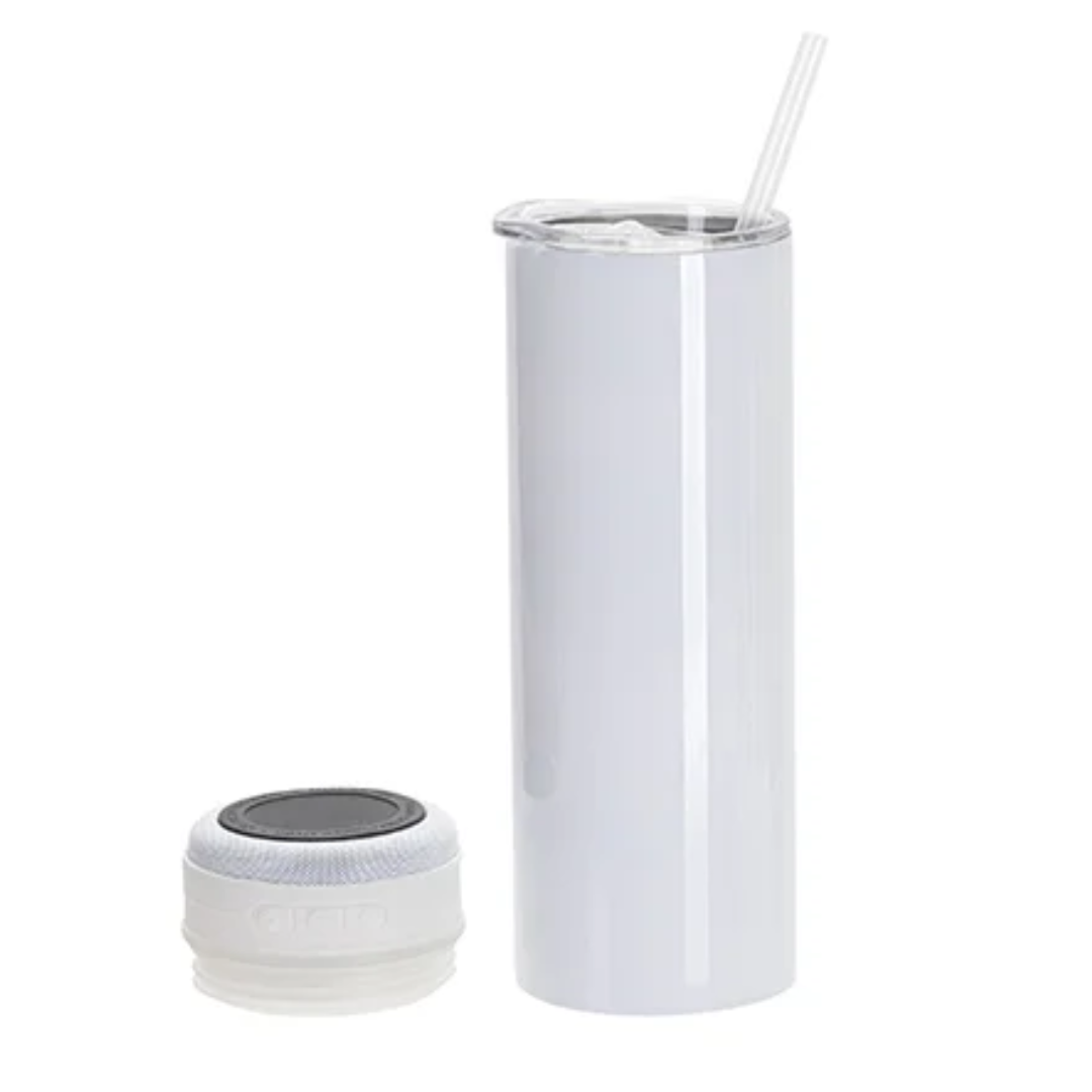 20oz/600ml White Stainless Steel Tumbler with White Bluetooth Speaker