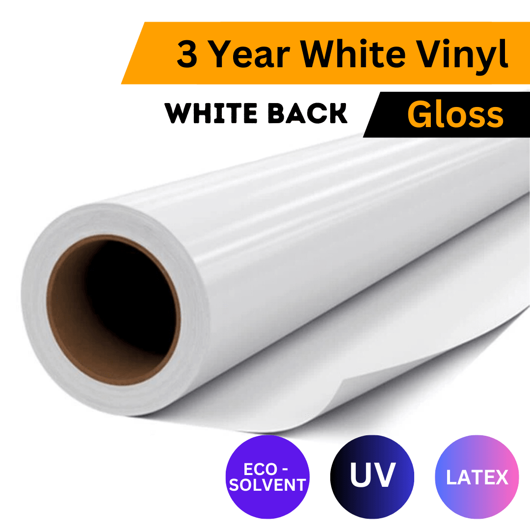 3 Year White Printable Vinyl (White Adhesive) | Gloss | 100mic | 1.37m x 50m Roll - Blank Print Media