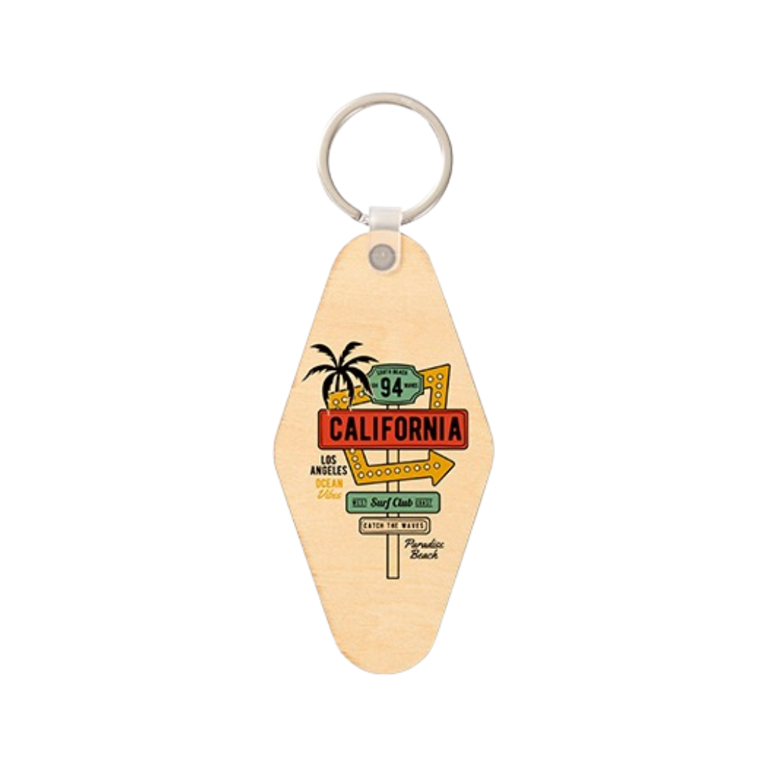 Double Sided Plywood Retro Motel Keyring