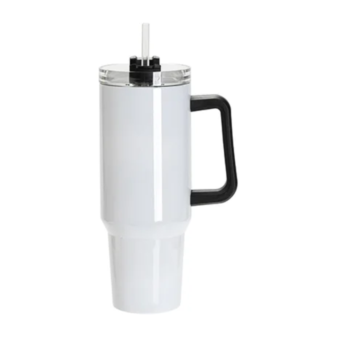 White, 40oz / 1200ml Stainless Steel White Travel Tumbler with Lid & Straw (swivel lid) BLACK HANDLE