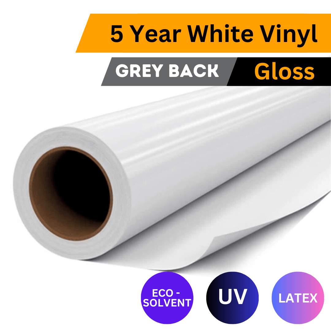 5 Year White Printable Vinyl (Grey Adhesive) | Gloss | Polymeric | 80mic | 1,37 x 50m Roll - Blank Print Media