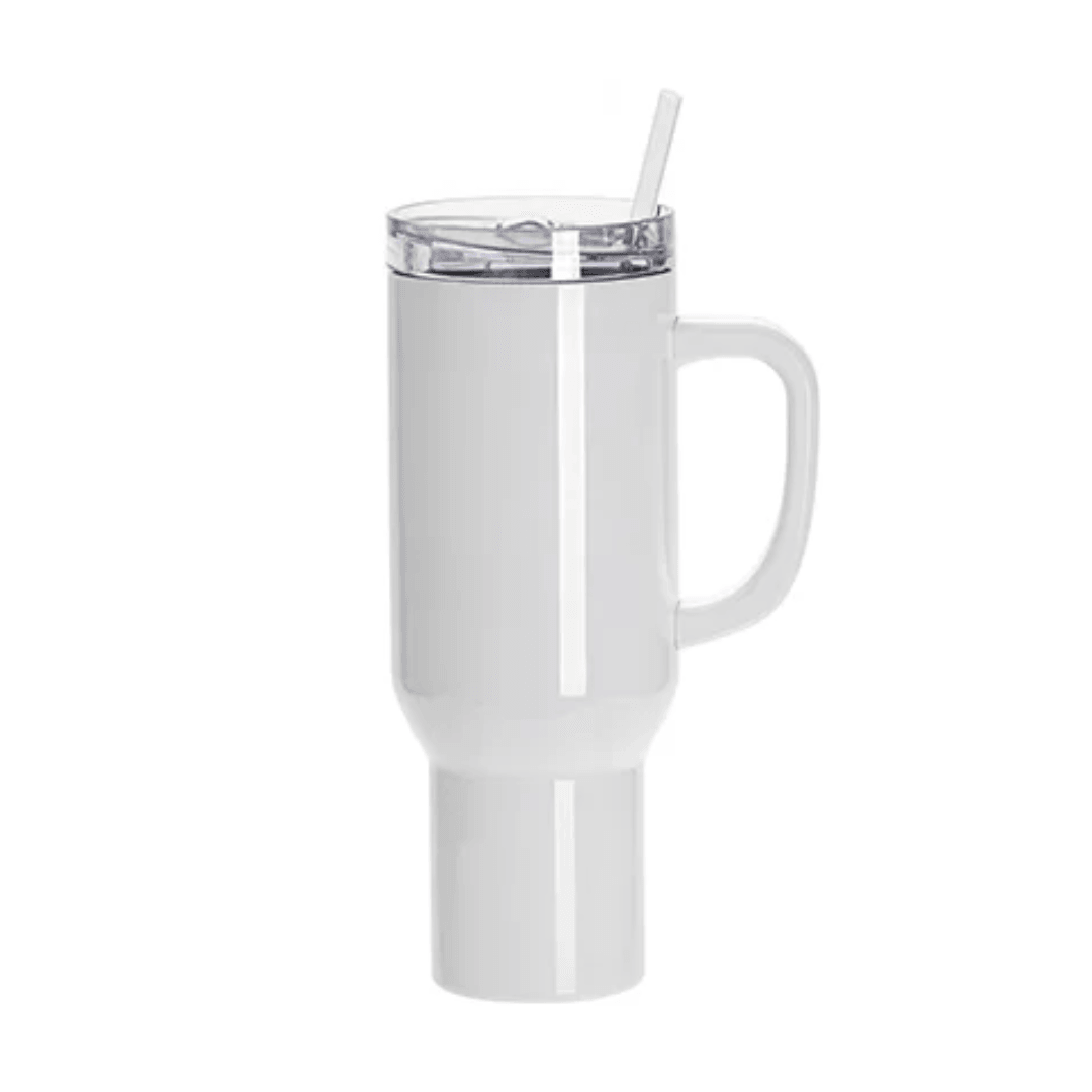 40oz Stainless Steel Travel Tumbler for Sublimation (White) – Handle, Lid & Straw - Blank Print Media