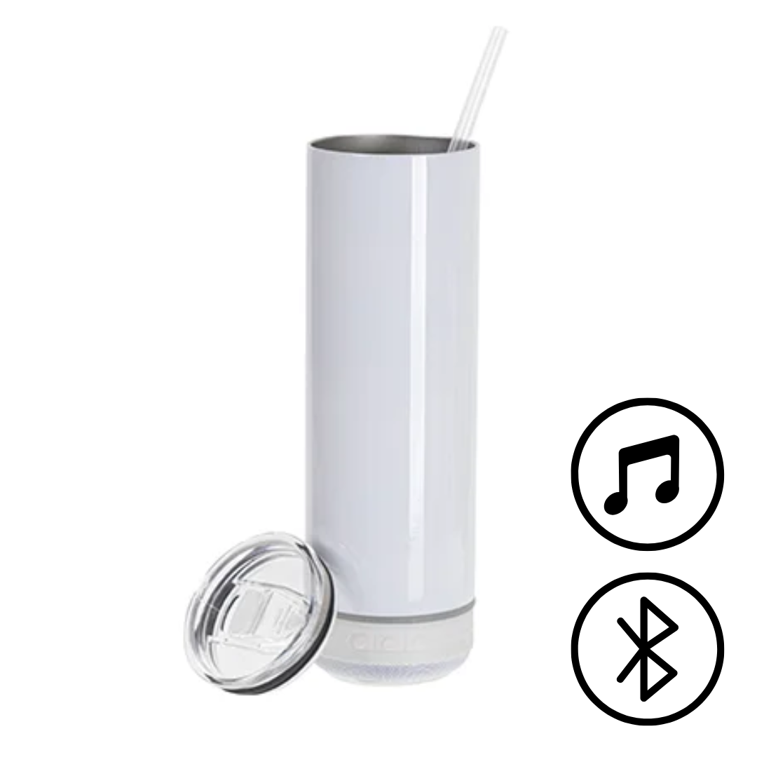 20oz/600ml White Stainless Steel Tumbler with White Bluetooth Speaker